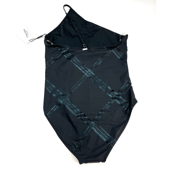 Calvin Klein JUMBO PLAID BLACK Belted One Shoulder One Piece Swimsuit 12 NWT - Picture 5 of 5